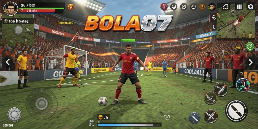 Screenshot gameplay BOLA07 menampilkan menara yang melawan gelombang musuh.