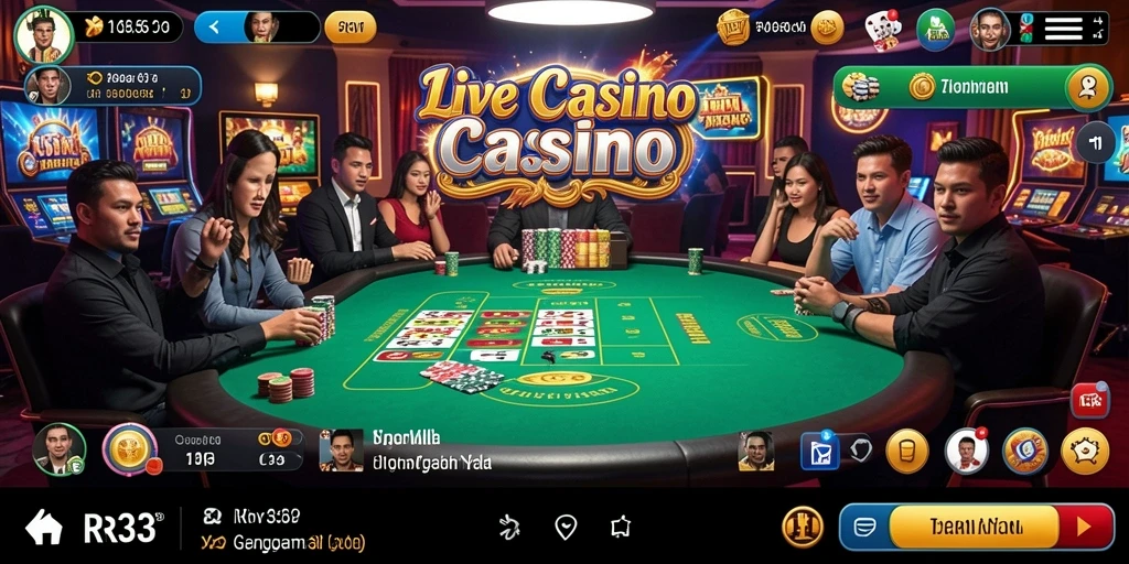 Screenshot permainan Live Casino yang menampilkan dealer dan pemain dalam aksi.