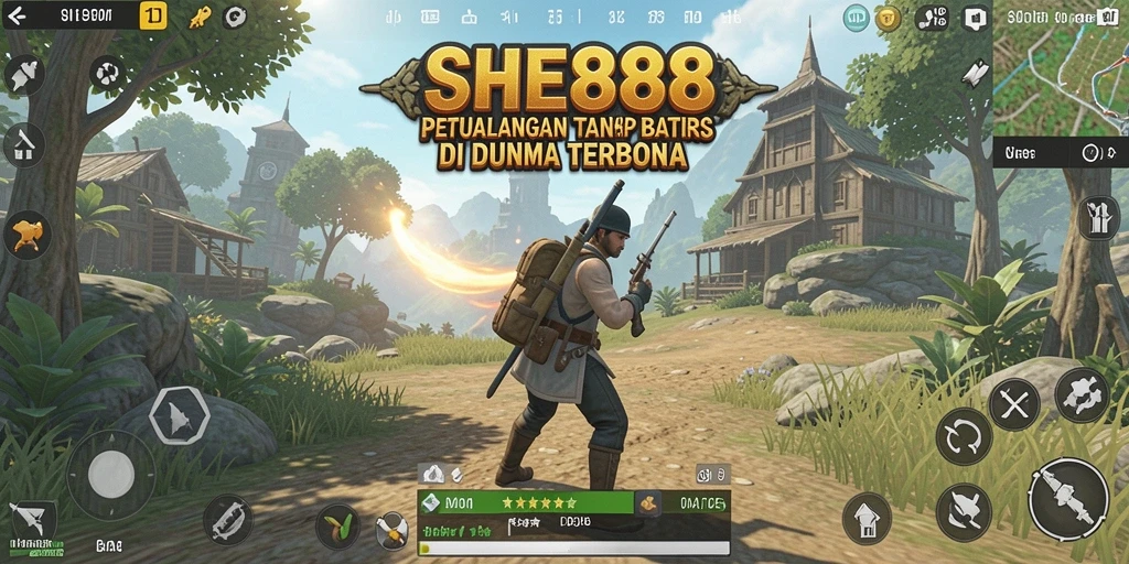 Screenshot gameplay SHE888 yang menggambarkan petualangan seru di dunia terbuka.